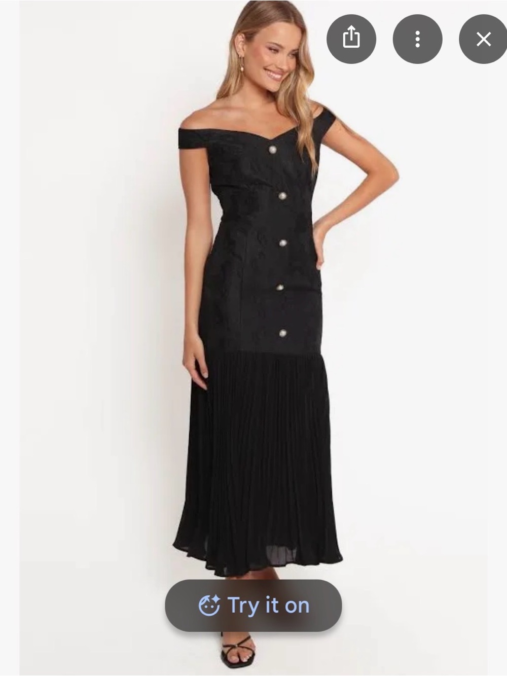 Just Me Black Midi Dress with Button Front and Pleated Hem